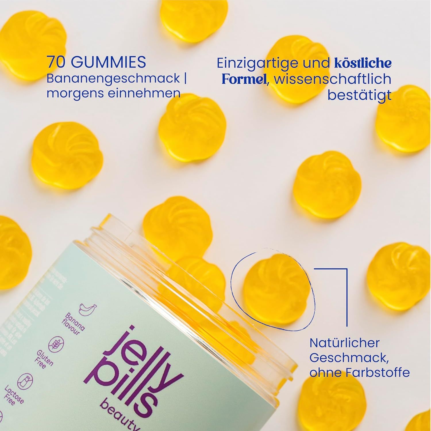 Jelly Pills Derma Glow Gummies. 70 caramelle gommose. Gusto banana. Gusto naturale, senza coloranti. Caramelle gommose gialle.
