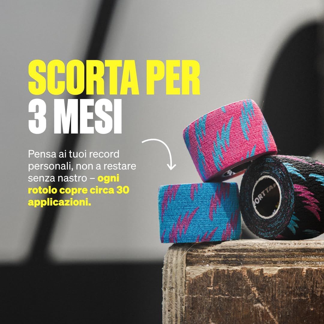 Tre rotoli di nastro per pollice rosa-blu su confezione nera con informazioni sul prodotto.