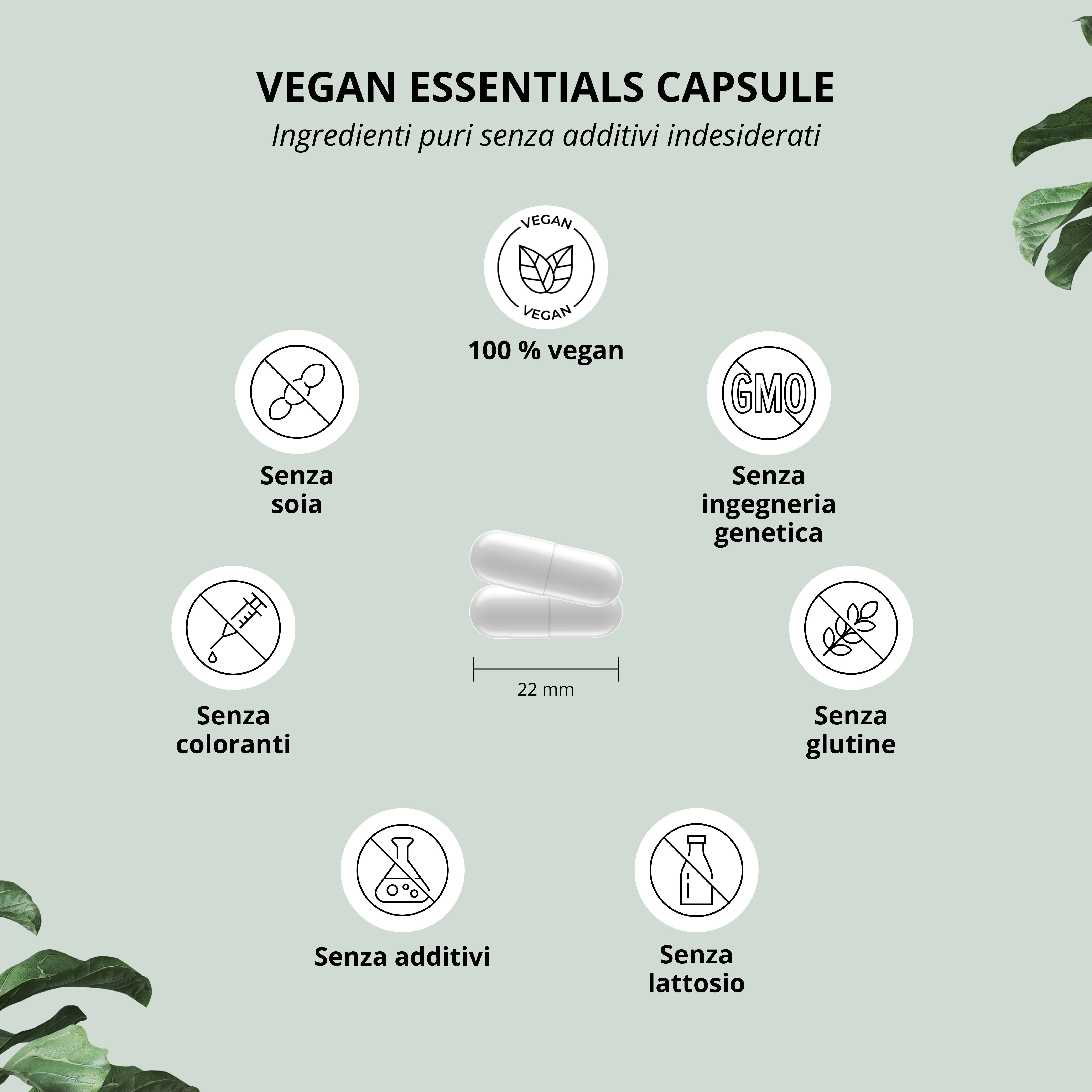 Due capsule bianche, 22 mm. Simboli: vegano, senza OGM, senza coloranti, senza additivi, senza lattosio, senza soia, senza glutine.