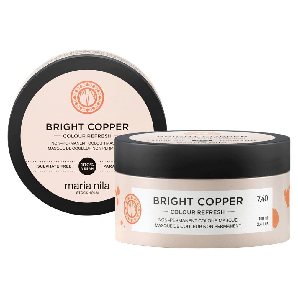 Due vasi con coperchio nero. Scritta: Bright Copper, Colour Refresh. Un barattolo con coperchio accanto.