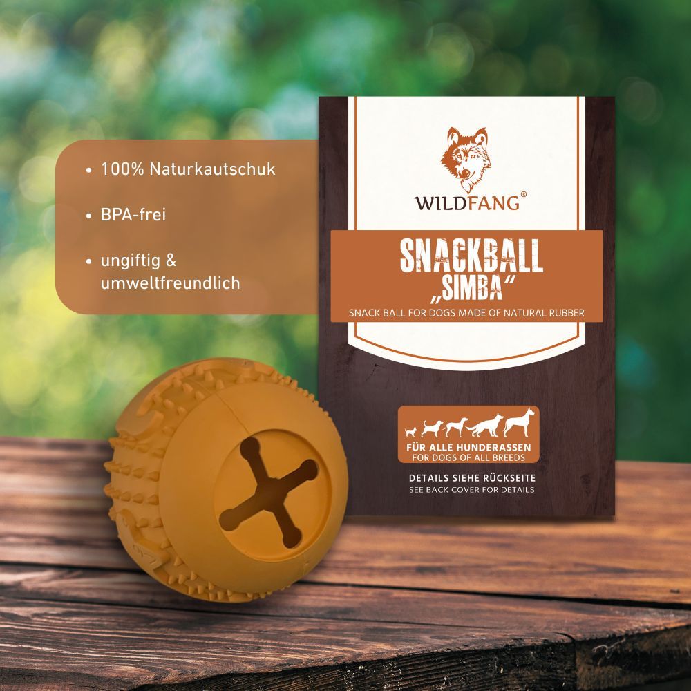 Palla snack arancione e confezione. Confezione con logo WILDFANG e testo: Palla snack Simba.