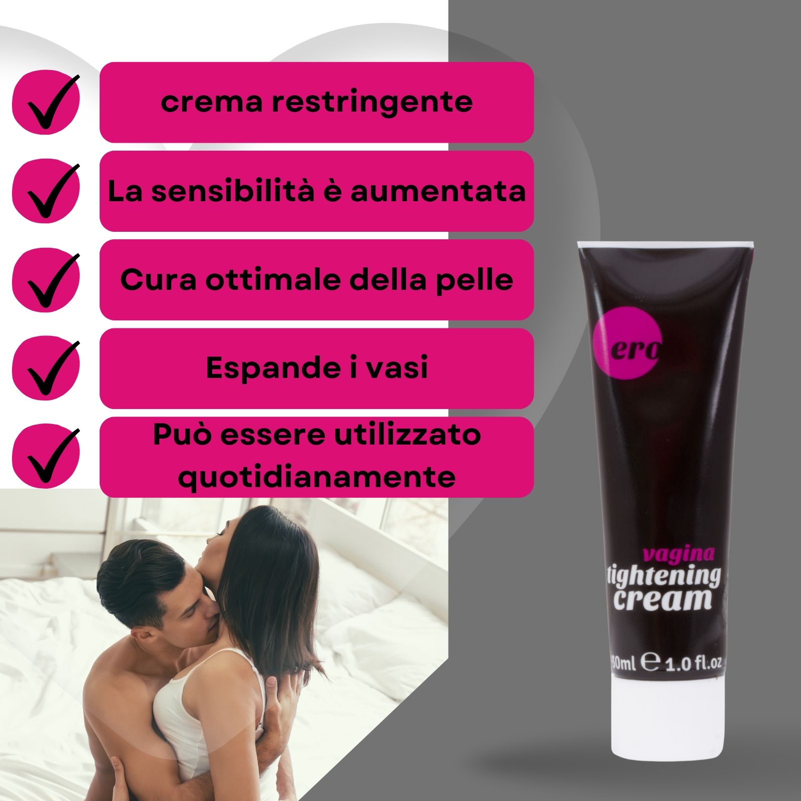 Tubo e casella di testo. Casella di testo: crema restringente, sensibilità aumentata, cura ottimale, vasi dilatati, quotidiano.