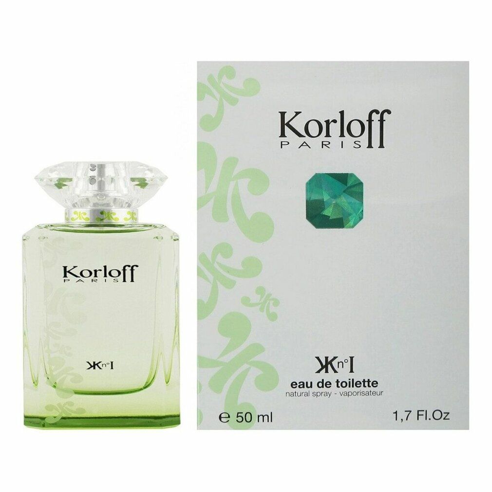 Korloff Paris Eau de Toilette Donna. Flacone e confezione. Liquido verdognolo, scatola bianca con logo e indicazione volume.