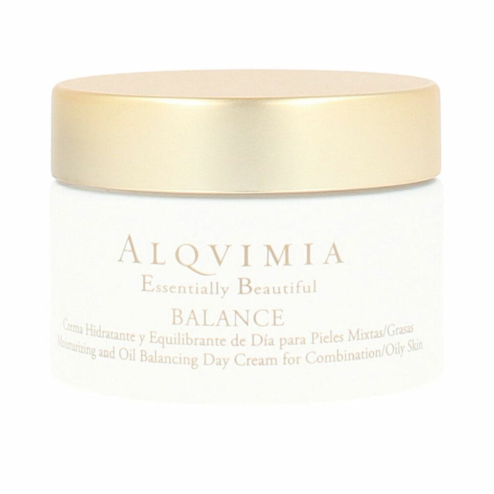 Vasetto di crema con coperchio dorato. Scritta: ALQVIMIA, BALANCE, Crema giorno idratante ed equilibrante.