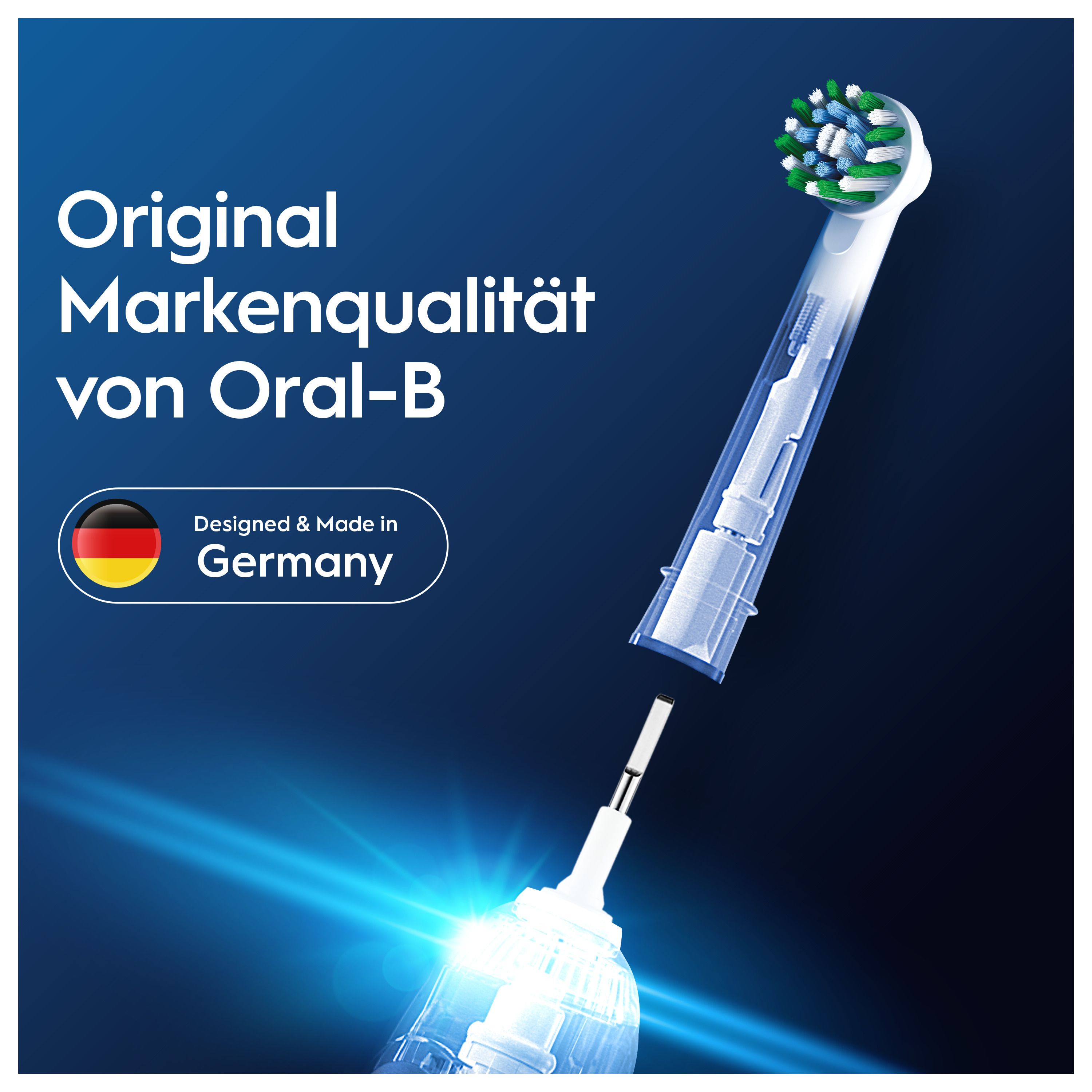 Esploso di uno spazzolino elettrico. Testo: Qualità originale del marchio Oral-B. Prodotto in Germania.