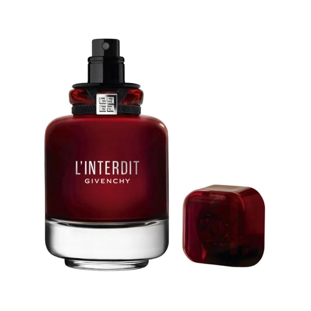 Flacone rosso con tappo nero e tappo rimosso. Scritta: L'Interdit Givenchy.