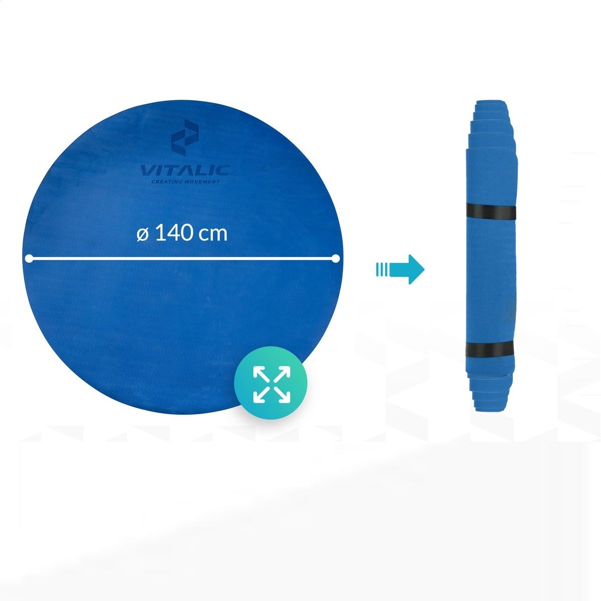 Tappetino yoga rotondo blu, diametro 140 cm. Logo VITALIC. Arrotolato accanto.