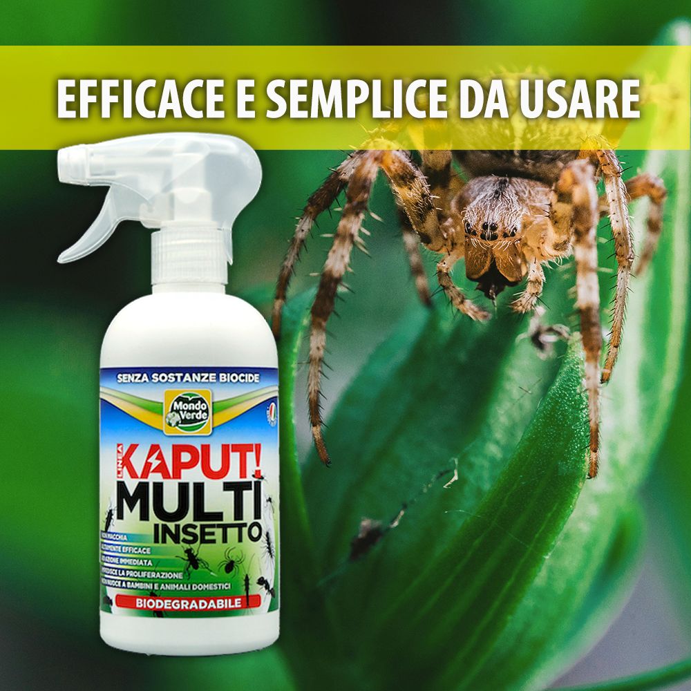 Flacone spray bianco con erogatore. Scritta: Kaput! Multi Insetto. Logo: Mondo Verde. Sfondo: foglia e ragno.