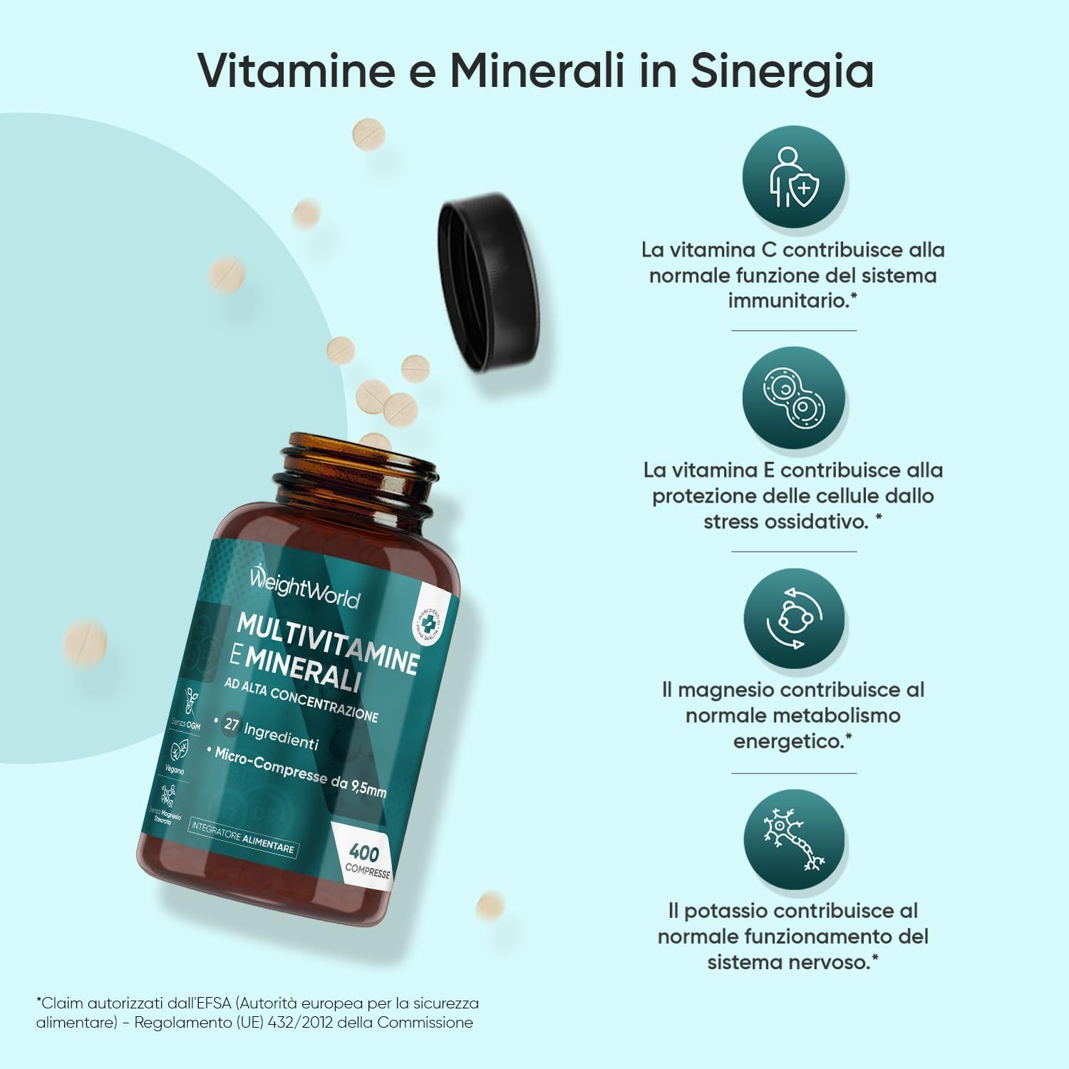 Flacone marrone WeightWorld Multivitamine & Minerali. 27 ingredienti. 400 compresse. Vitamine e minerali.