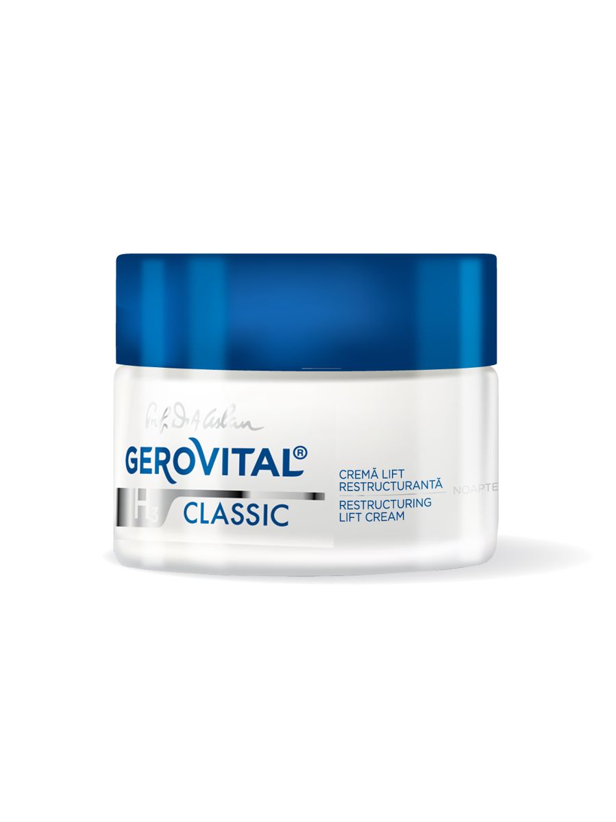 Vaso di crema con coperchio blu. Scritta: Gerovital Classic. Crema Lift Restructuranta. Etichetta bianca.