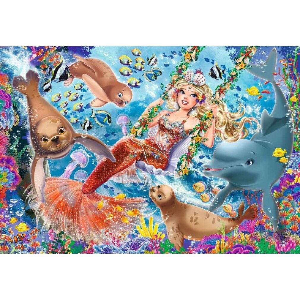Puzzle con motivo sirene. Sirena su un'altalena, circondata da foche e un delfino. Mondo sottomarino colorato con pesci.