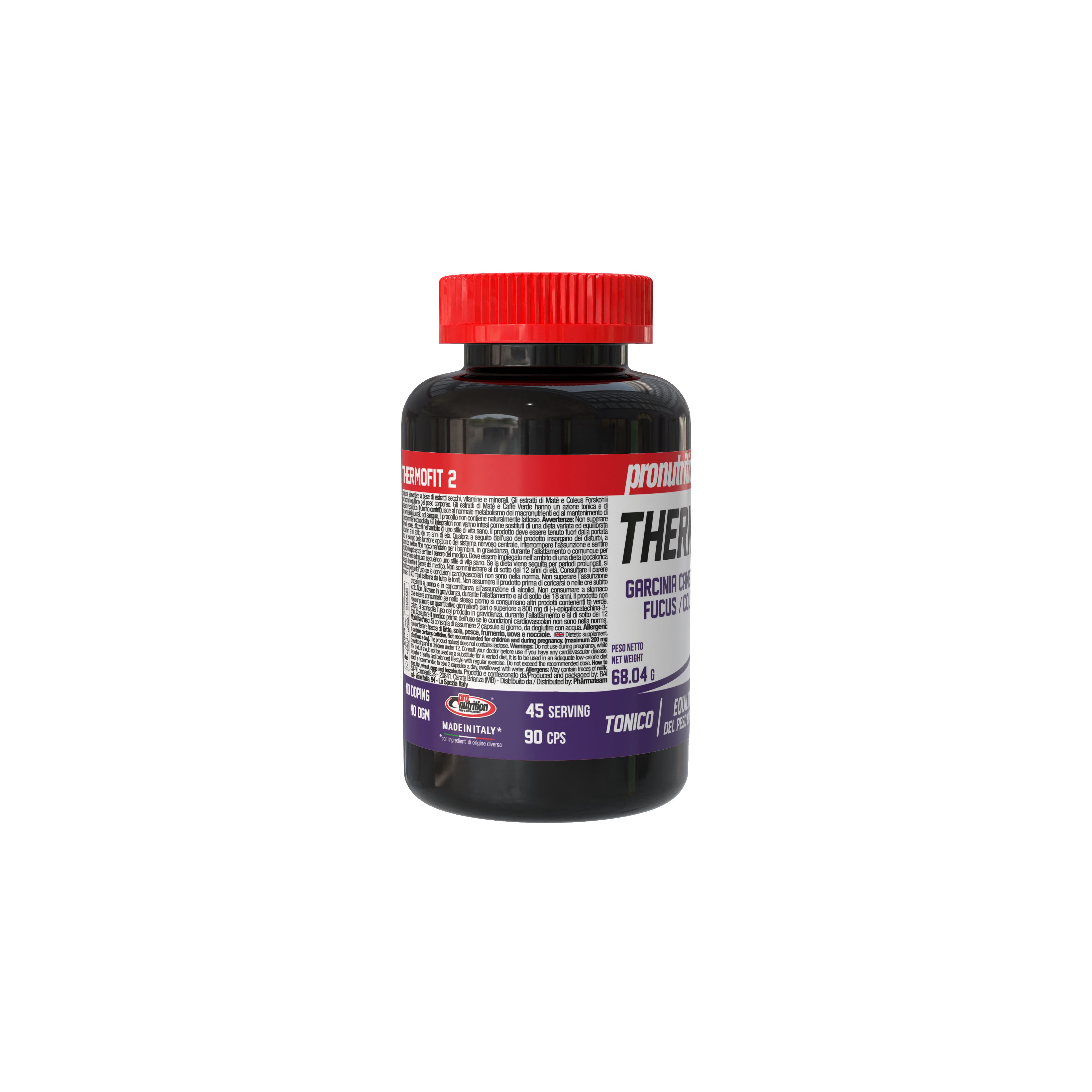 Flacone scuro con tappo rosso. Scritta Thermofit 2. Testo sul flacone.