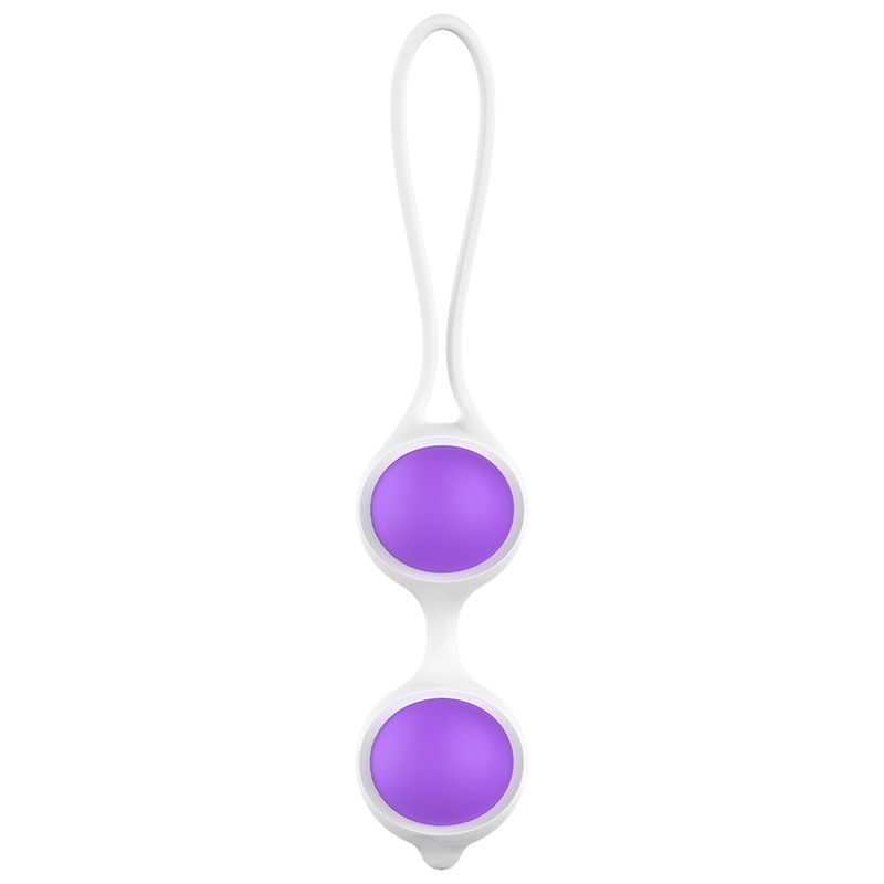 Due sfere in silicone viola, collegate da un laccio bianco. Per esercizi di Kegel.