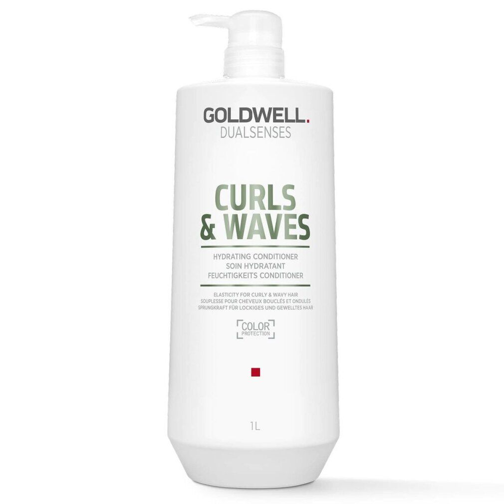 Flacone bianco con dosatore. Scritta: Goldwell Dualsenses Curls & Waves Conditioner. 1L.