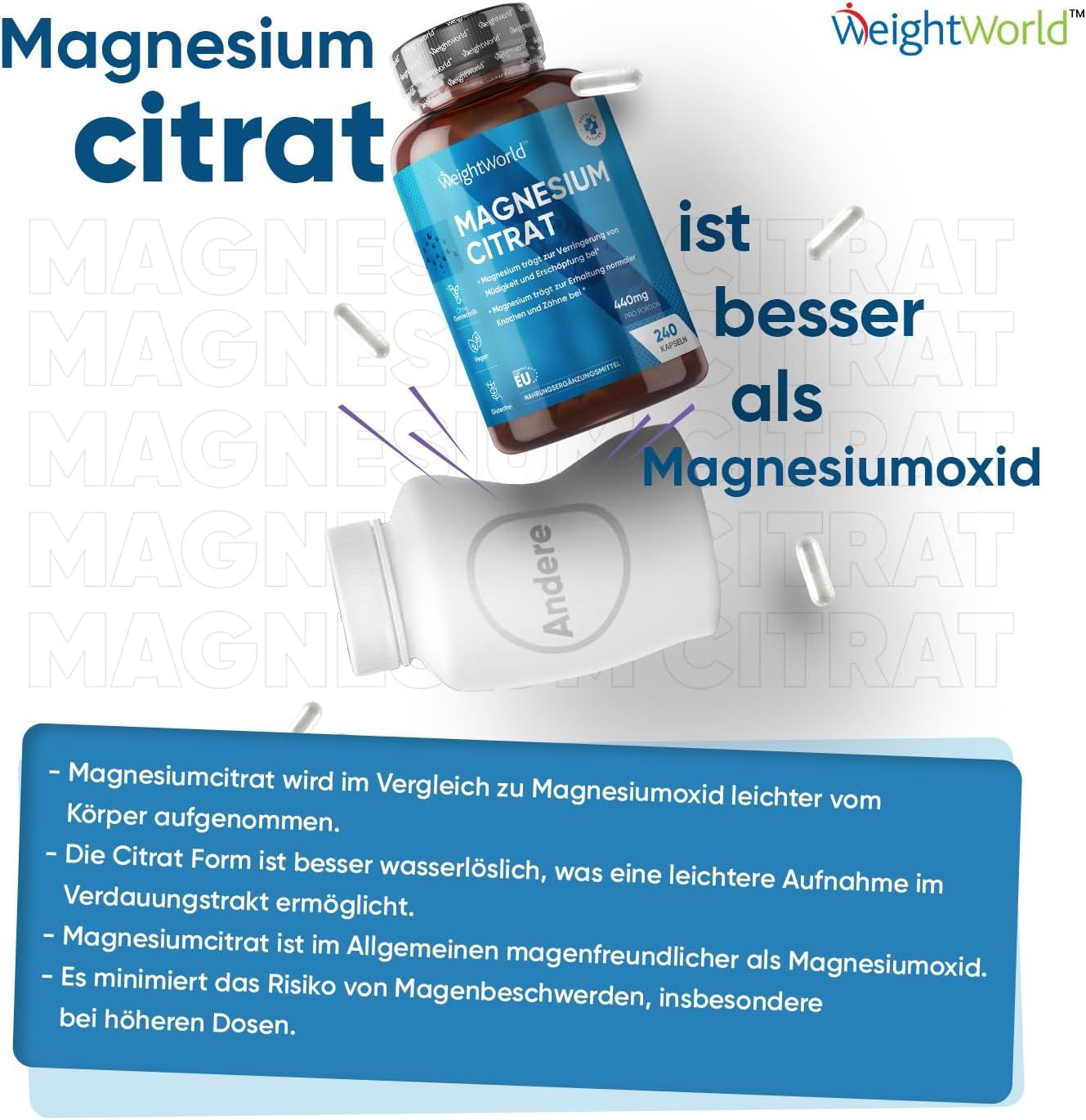 Flacone di Magnesium Citrato e capsule. Testo: Il citrato di magnesio è migliore dell'ossido di magnesio. Contiene 240 capsule.