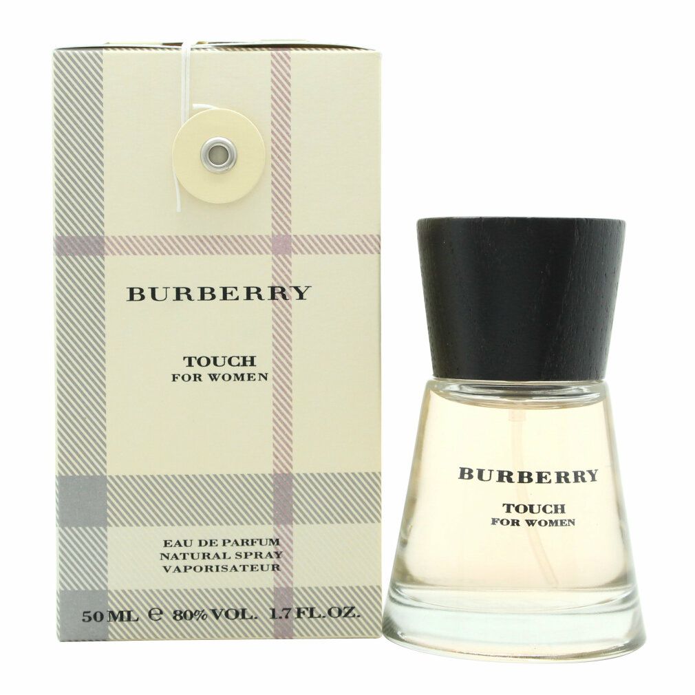 Burberry Touch for Women Eau de Parfum Spray. Flacone con tappo nero, accanto alla confezione con logo e nome del prodotto.