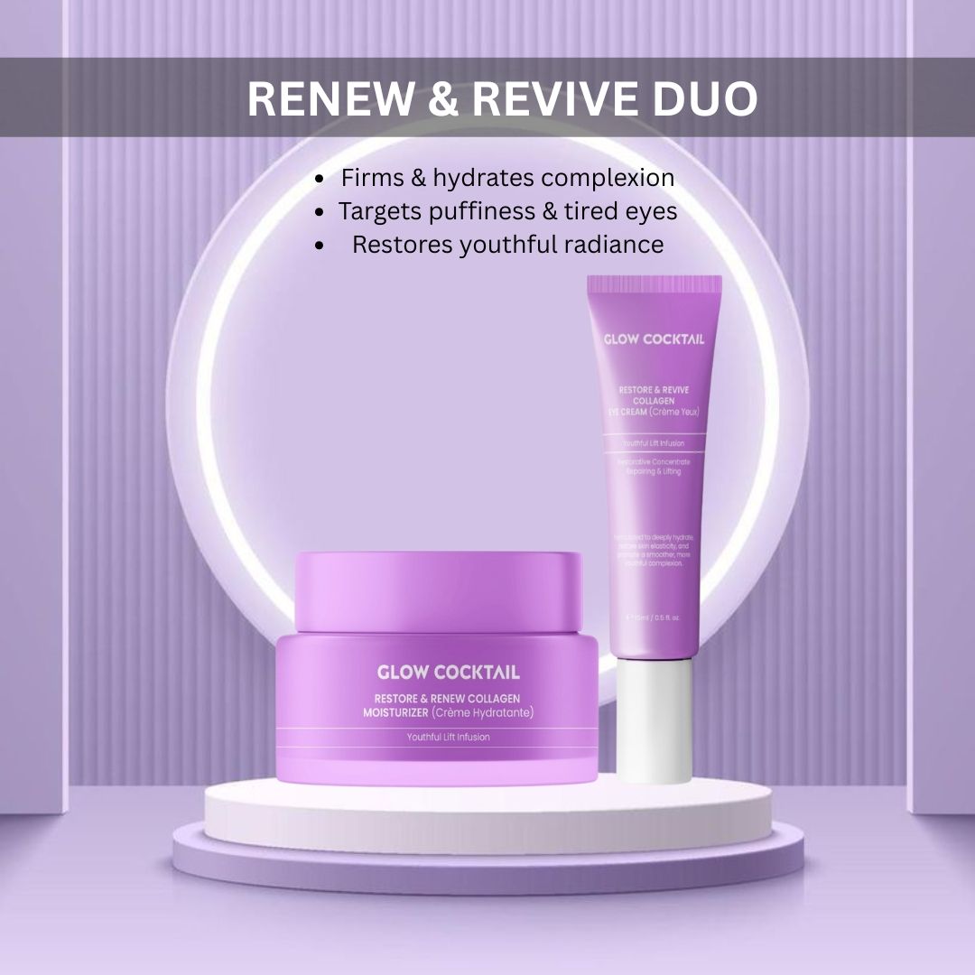 Due prodotti cosmetici viola su un piedistallo. Testo: Renew & Revive Duo, Glow Cocktail, Restore & Renew Collagen, crema occhi.
