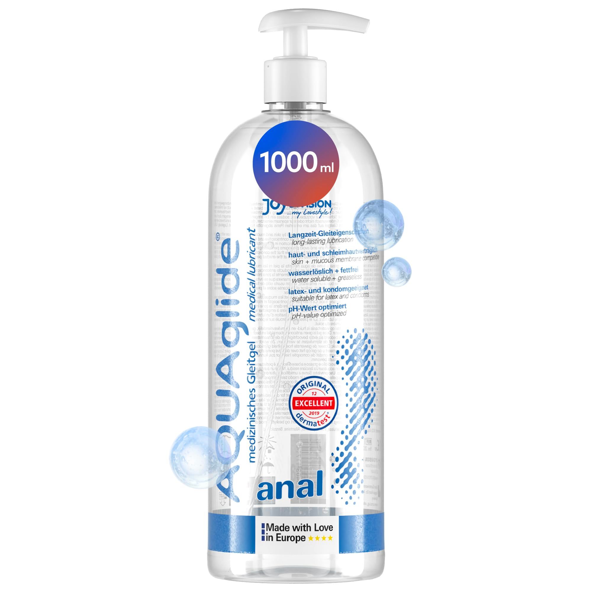 Gel lubrificante anale AQUAglilde in flacone trasparente con dispenser a pompa.