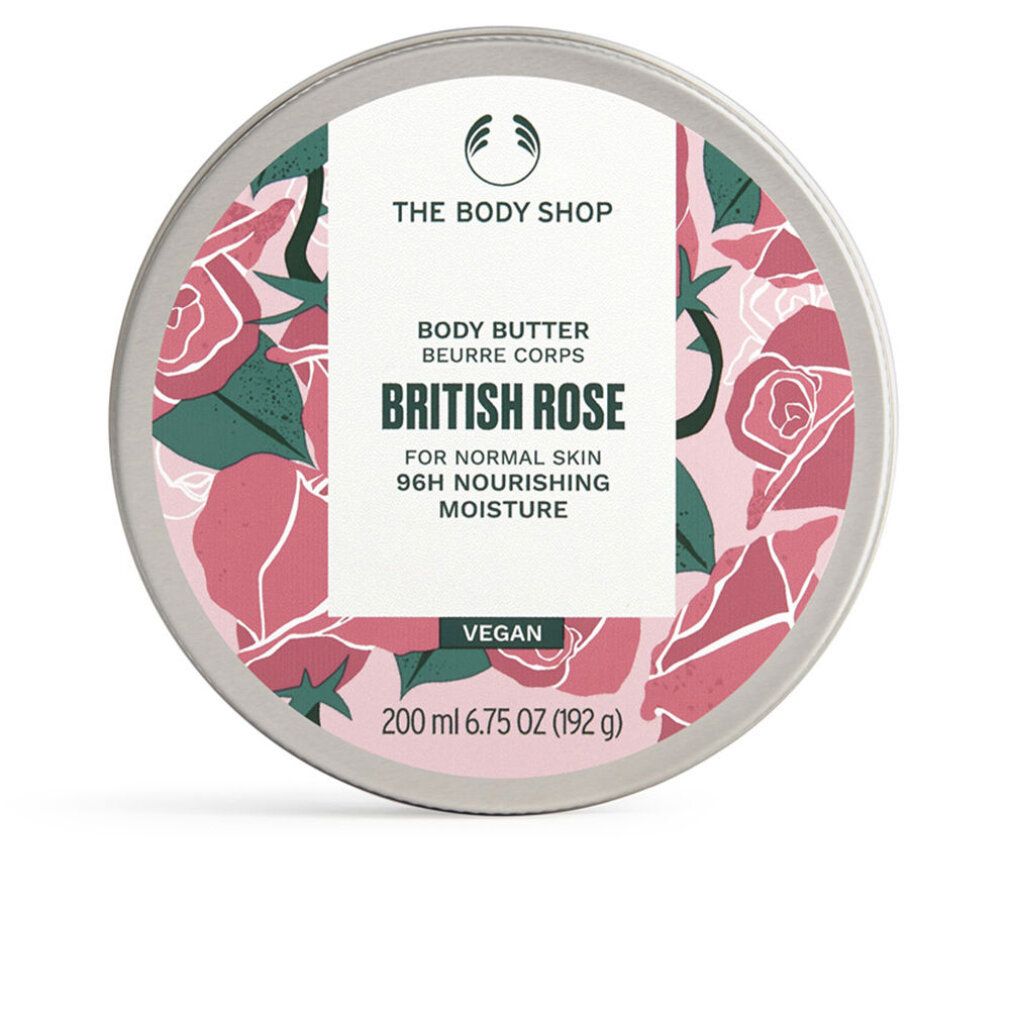 Barattolo rotondo con motivo floreale e informazioni sul prodotto. Scritta: British Rose Body Butter, vegano, 200 ml.