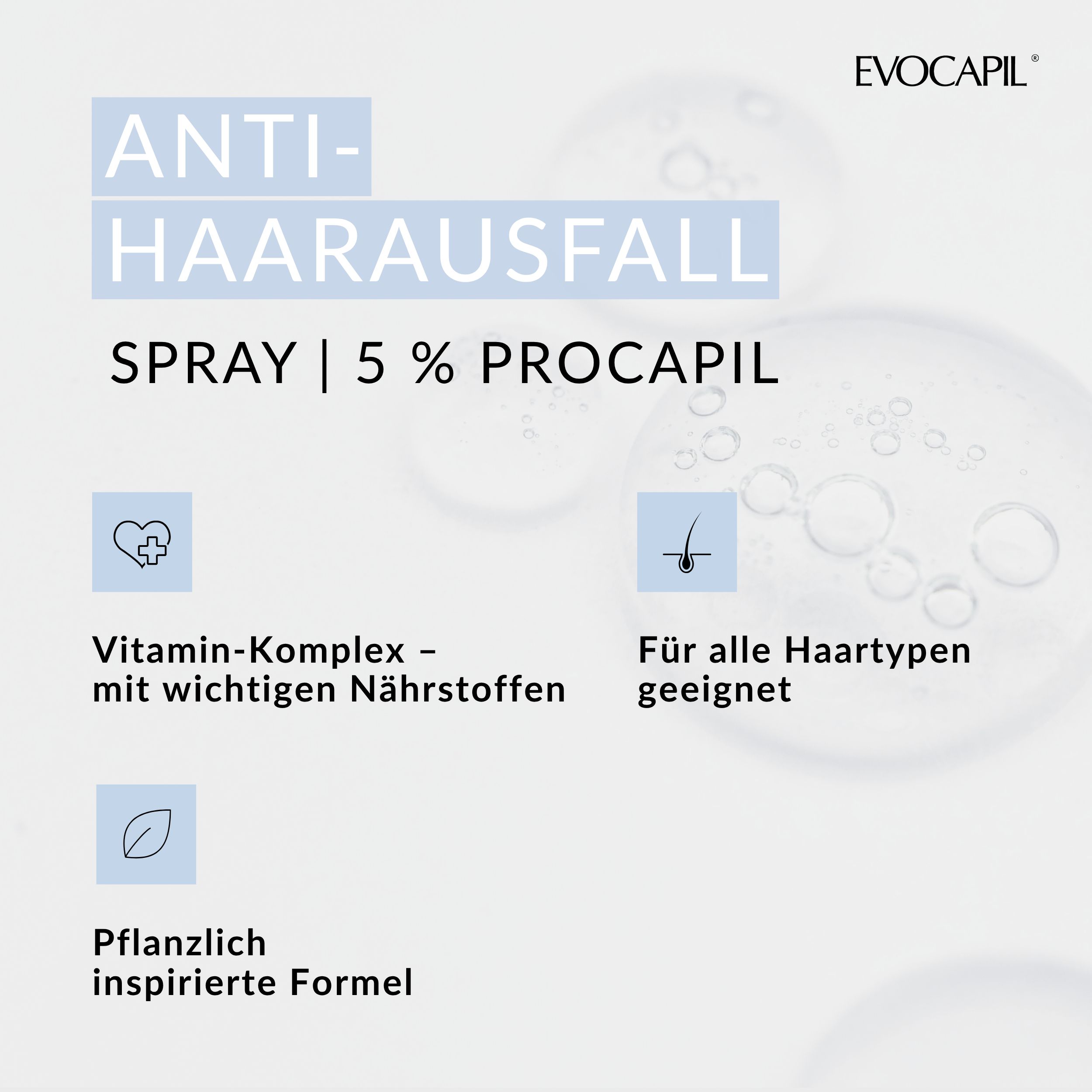 Spray anticaduta. Contiene il 5% di Procopil. Adatto a tutti i tipi di capelli. Formula vegetale.