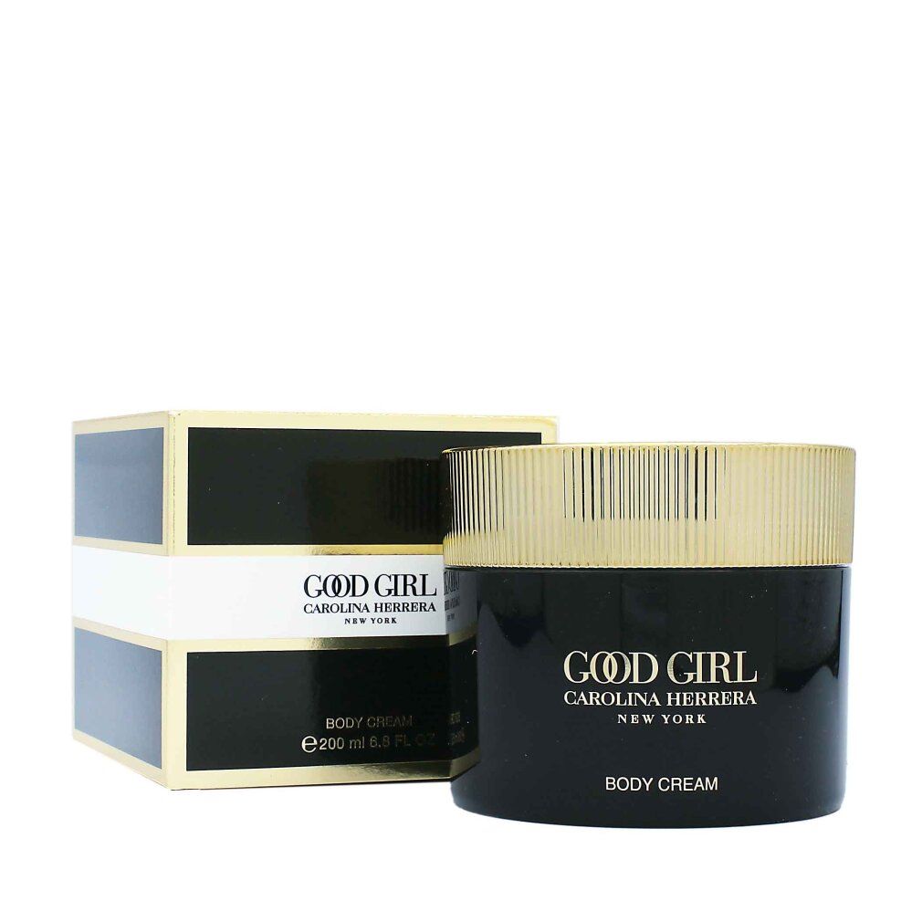 Vasetto di crema corpo e confezione. Scatola nera e dorata con scritta "Good Girl".