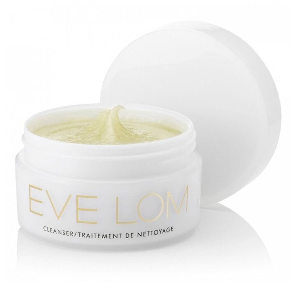 Vasetto bianco con coperchio aperto. "EVE LOM" e "CLEANSER/TRAITEMENT DE NETTOYAGE" sul vasetto.