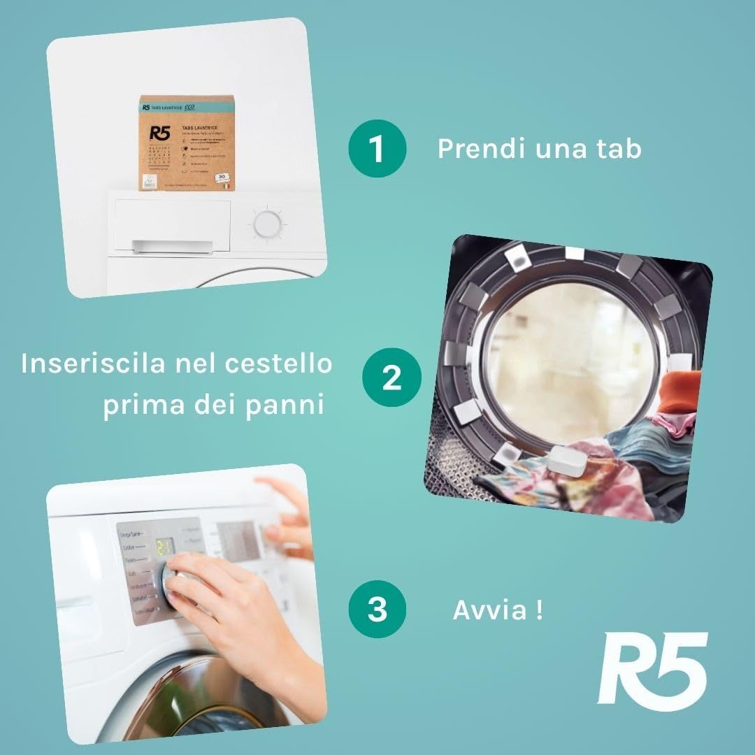 Istruzioni per l'uso delle pastiglie lavatrice. Passaggi: prendere una tab, metterla nel cestello, avviare la lavatrice. Logo R5.