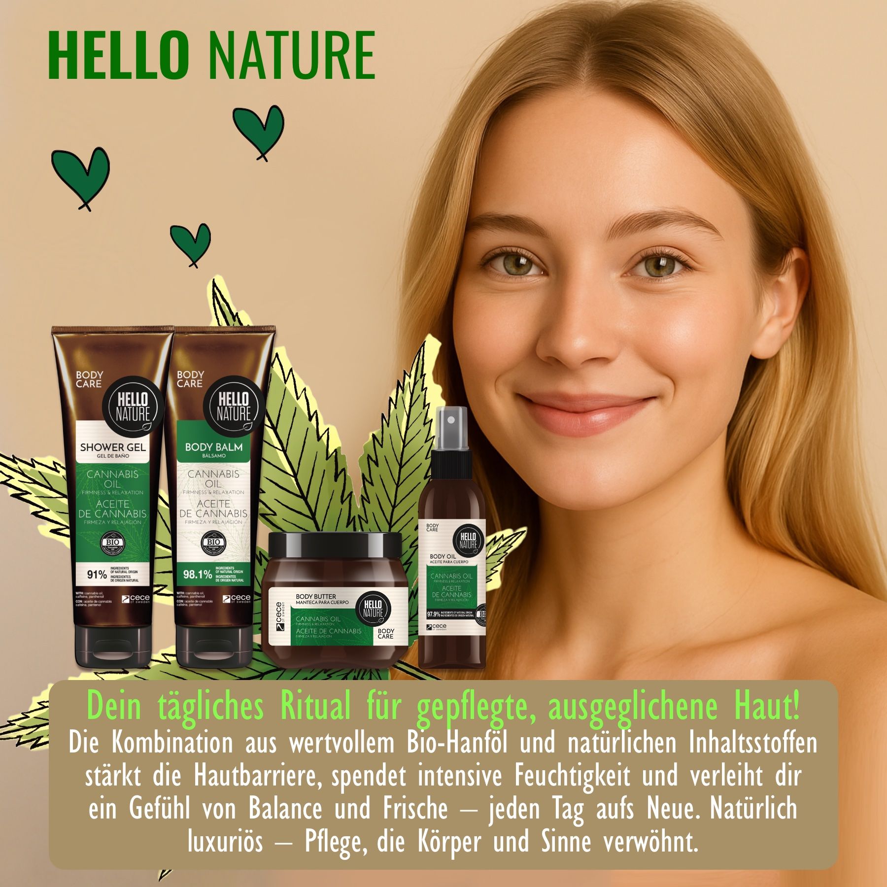 Donna con quattro prodotti Hello Nature. Gel doccia, balsamo corpo, burro corpo e spray corpo. Sigillo biologico.