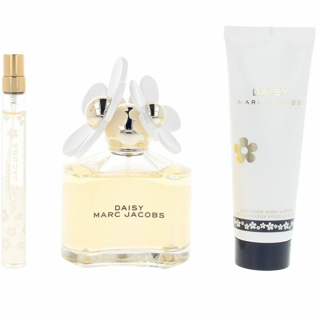 Flacone di profumo, miniatura e tubo. Flacone con fiori bianchi. Scritta "DAISY MARC JACOBS".
