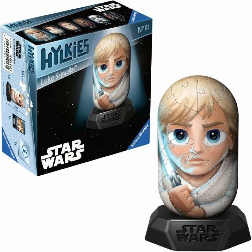 Puzzle 3D Luke Skywalker Hylkies e confezione. Puzzle a forma di uovo con personaggio su base. Logo Star Wars. Ravensburger.