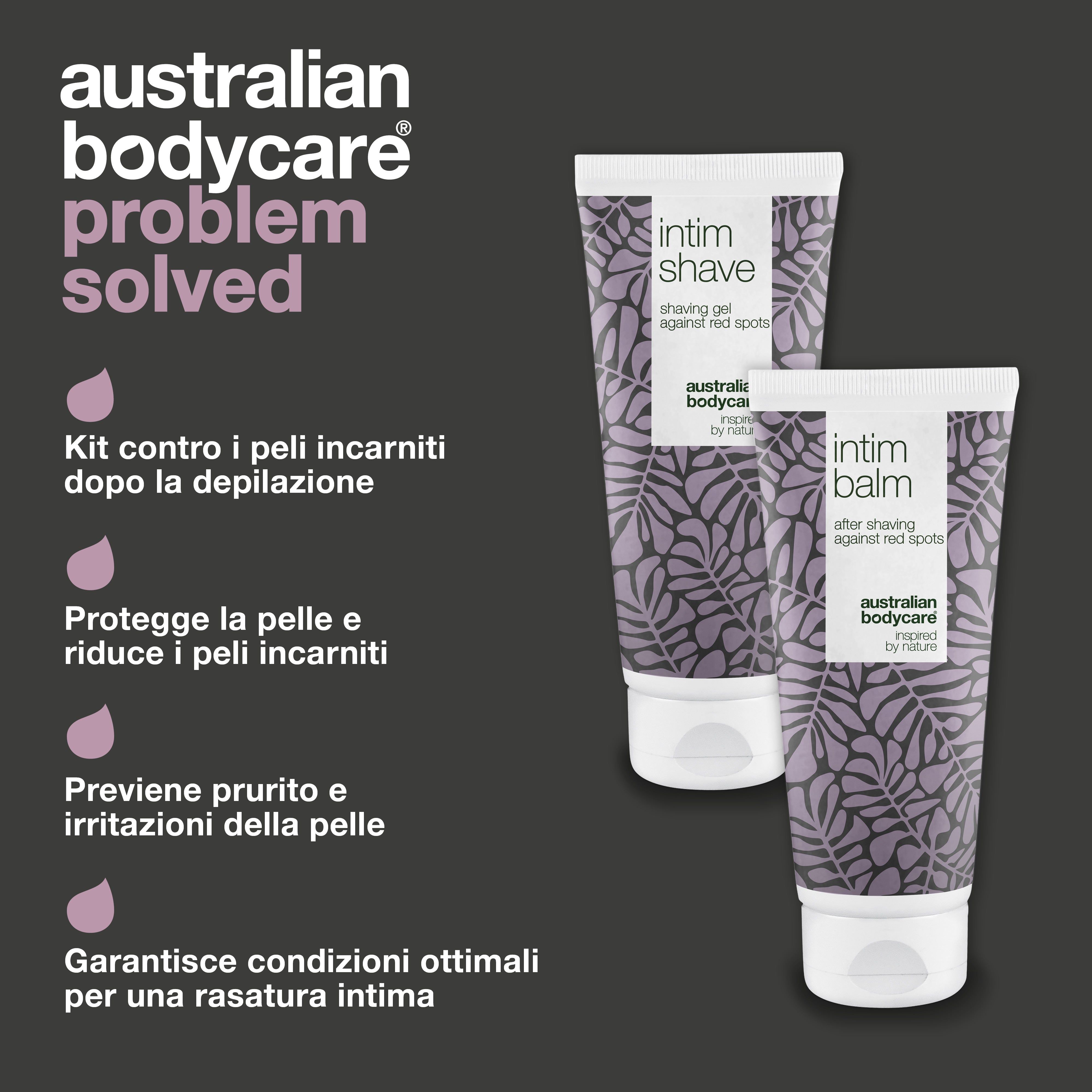 Problema risolto. Gel Intim-Shave e balsamo intimo. Marchio: Australian Bodycare.