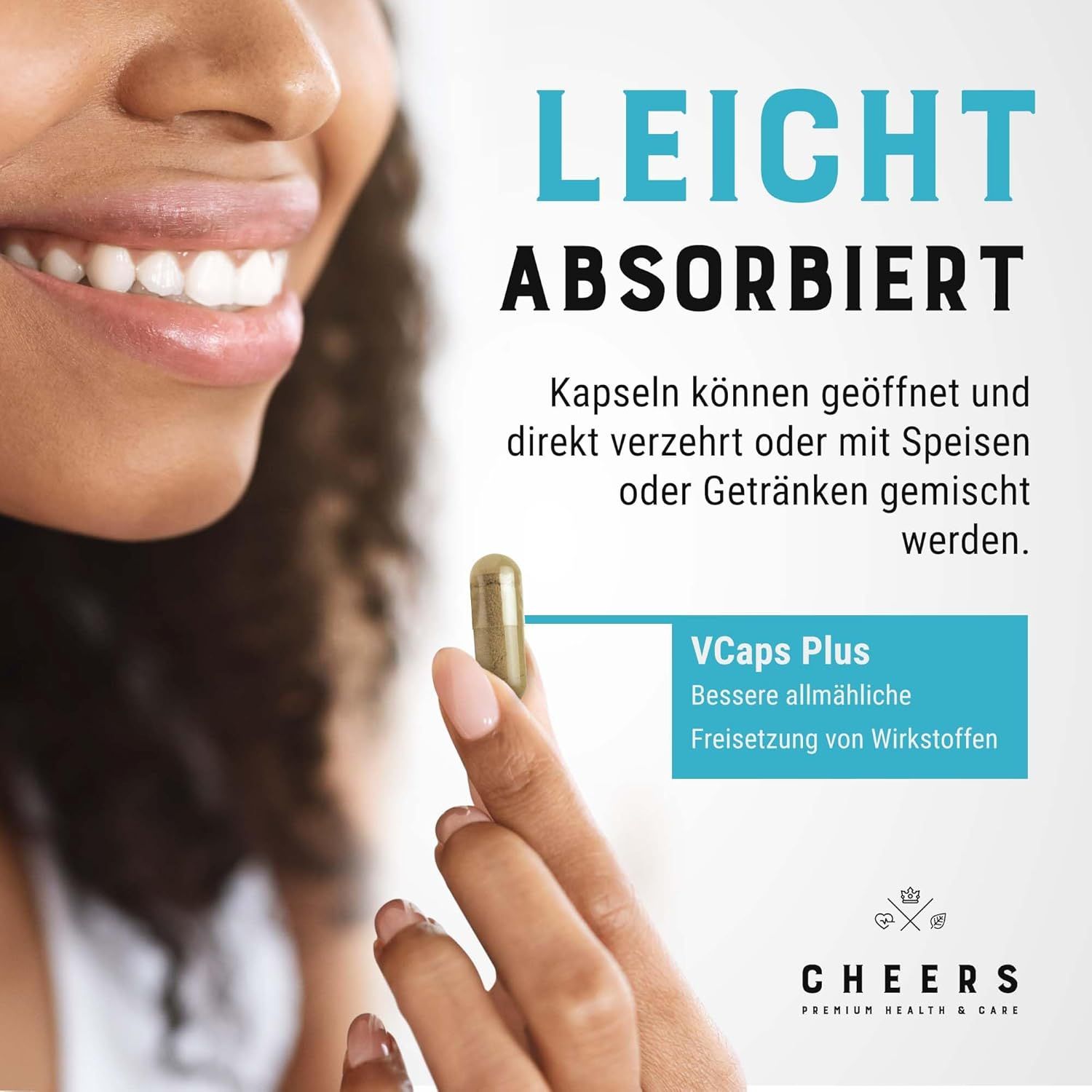 Mano che tiene capsula. Testo: Capsule possono essere aperte e miscelate. Vcaps Plus, migliore rilascio.