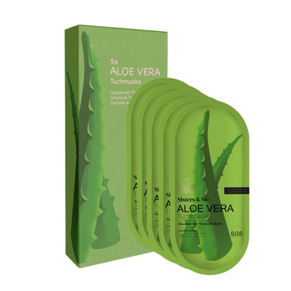 Confezione verde con 5 maschere in tessuto Aloe Vera. Scritta: Aloe Vera, Sisters & Me. Illustrazione di una pianta di aloe vera.