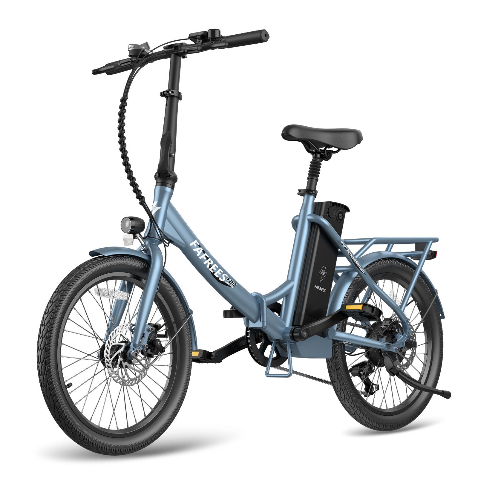 E-bike Fafrees F20 blu. Telaio pieghevole, portapacchi, freni a disco. Batteria sul telaio. Pneumatici e sella neri.