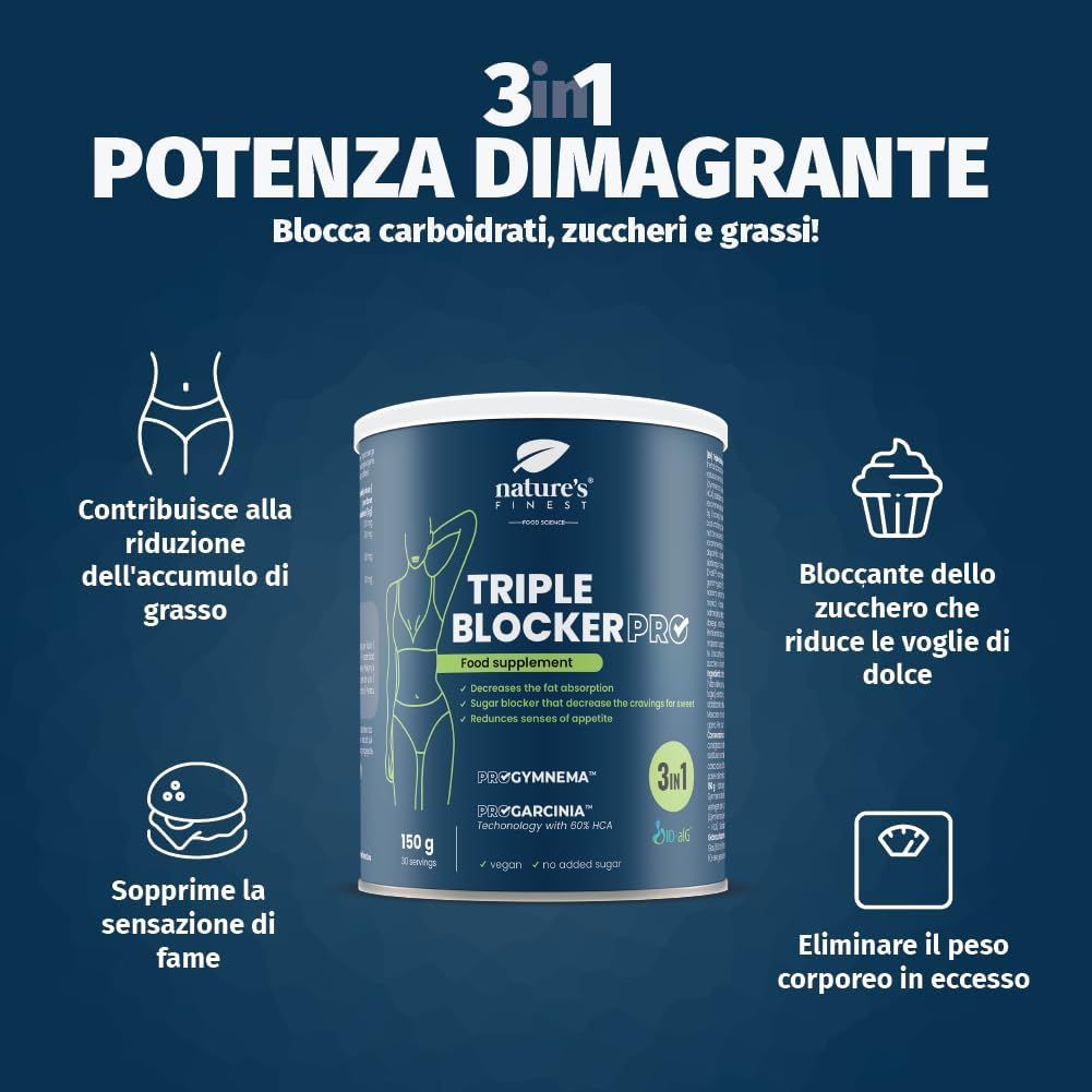 Prodotto Nature's Finest Triple Blocker PRO. Barattolo blu con nome e illustrazione. 150g, 30 porzioni, vegano.
