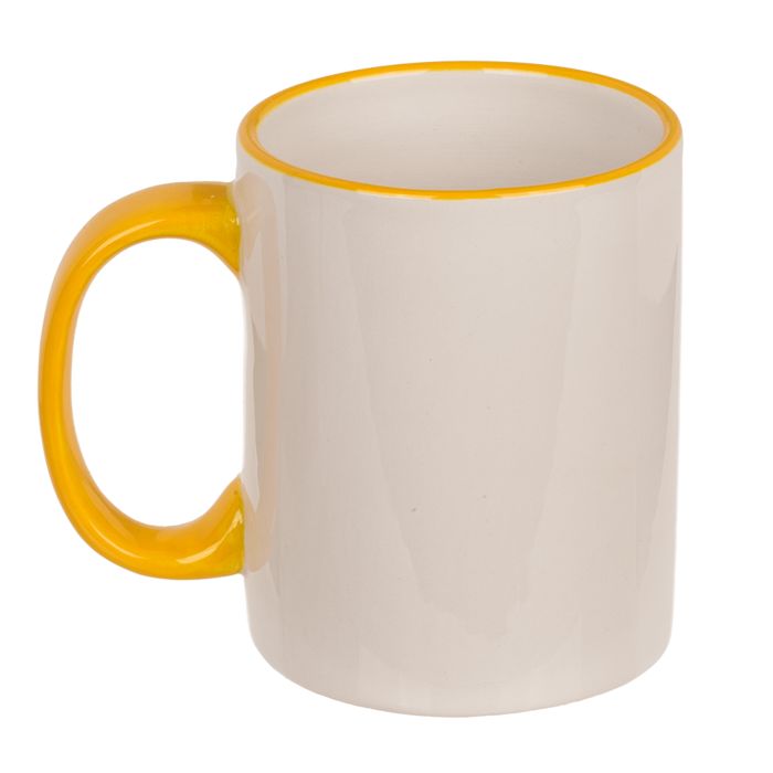 Tazza in ceramica con manico giallo e bordo giallo. Tinta unita, senza motivo.