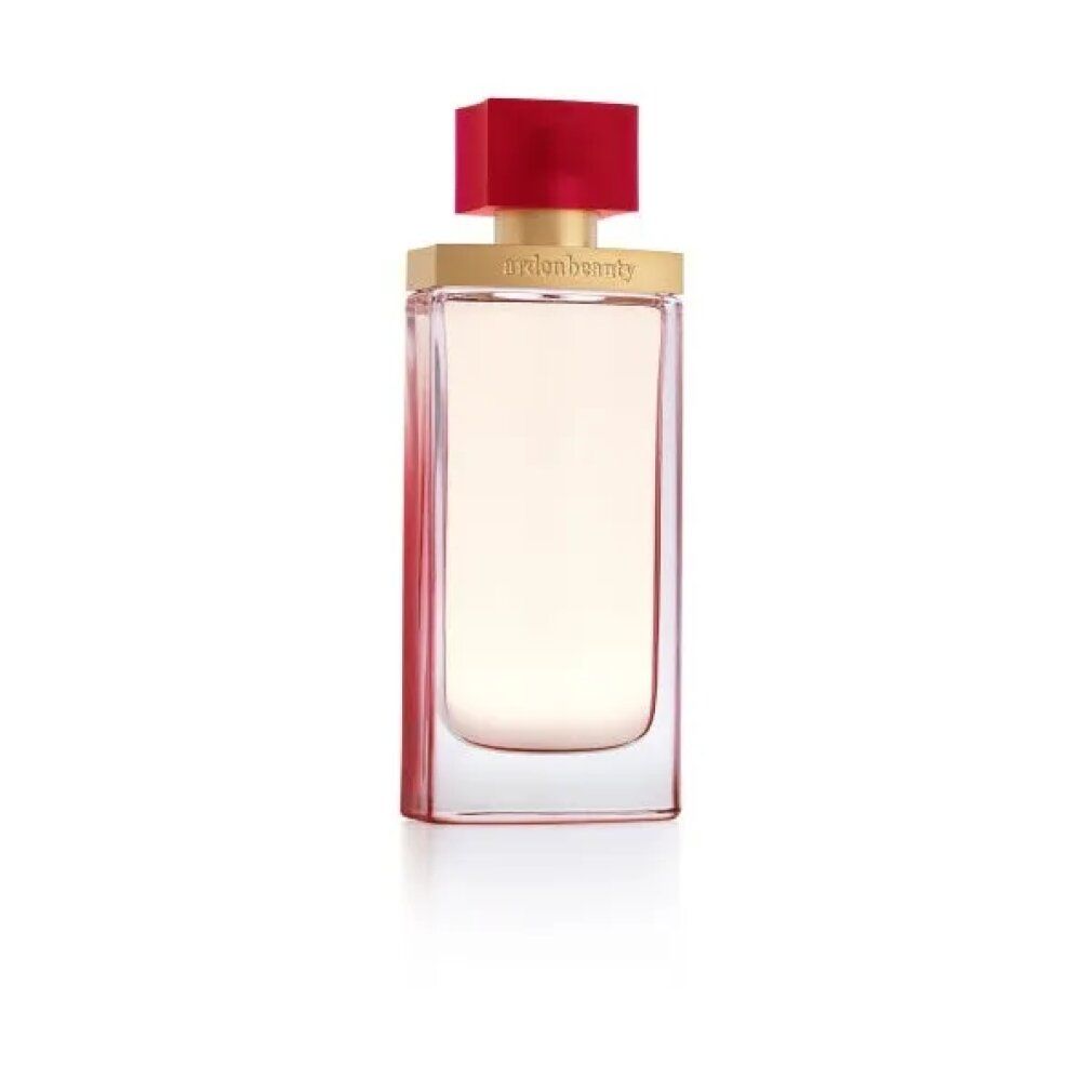 Flacone rettangolare con tappo rosso. Scritta dorata "ardenbeauty". Liquido chiaro. Flacone in vetro trasparente.