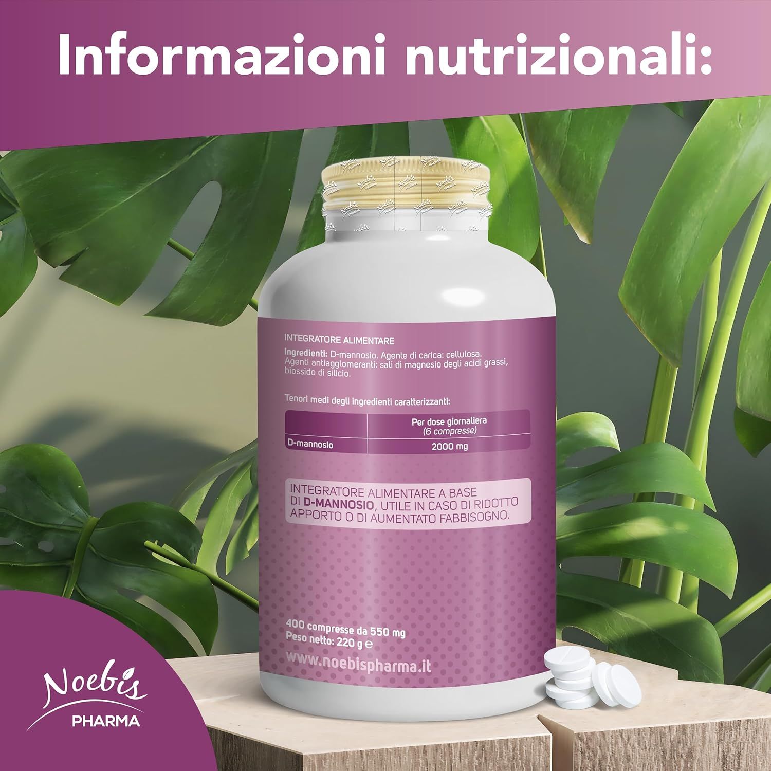 Retro di un flacone D-Mannosio Noebis Pharma con informazioni nutrizionali.