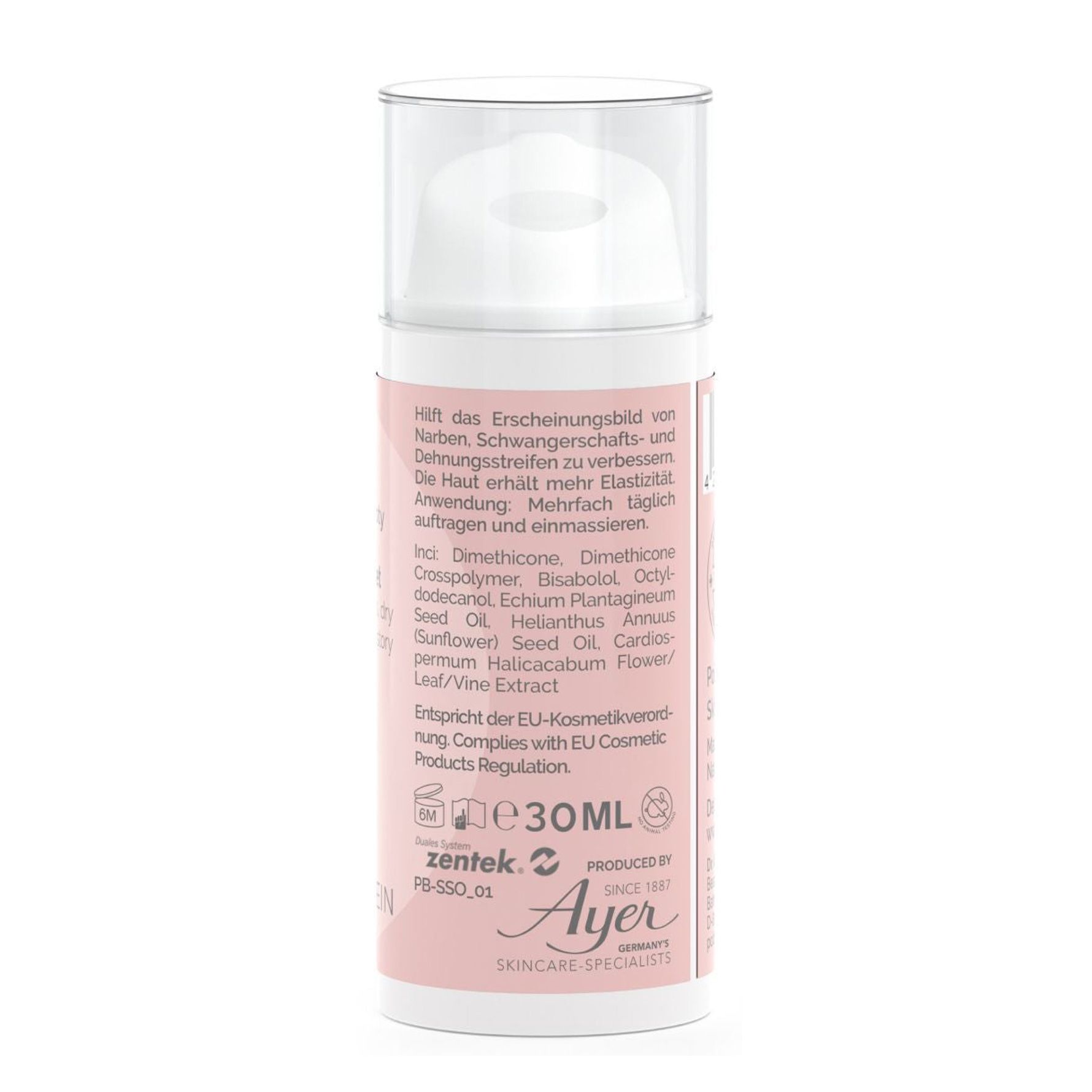 Retro del flacone rosa. Testo: ingredienti, regolamento cosmetico UE. Volume: 30 ml. Marchio: Ayer Skincare Specialists.