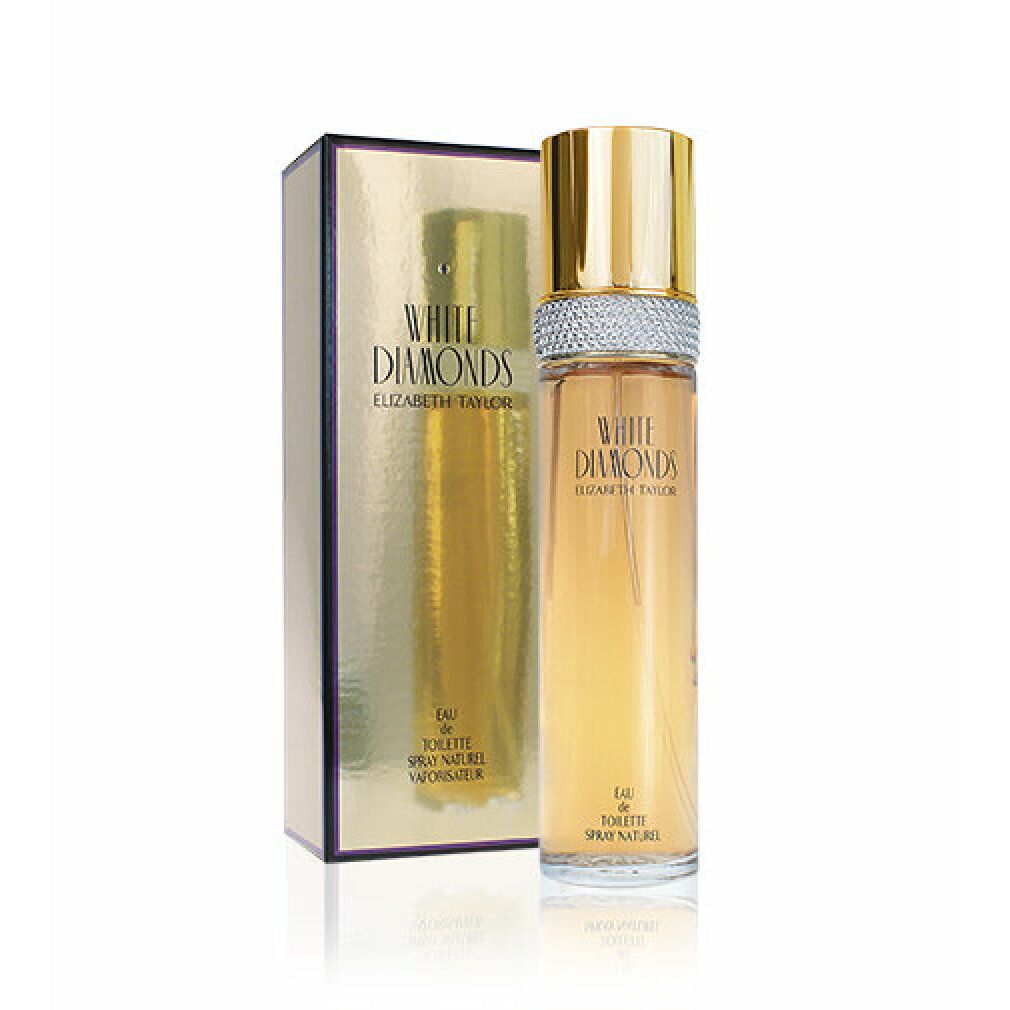 Flacone e scatola White Diamonds Eau de Toilette. Tappo dorato, anello argentato, scritta. Scatola.