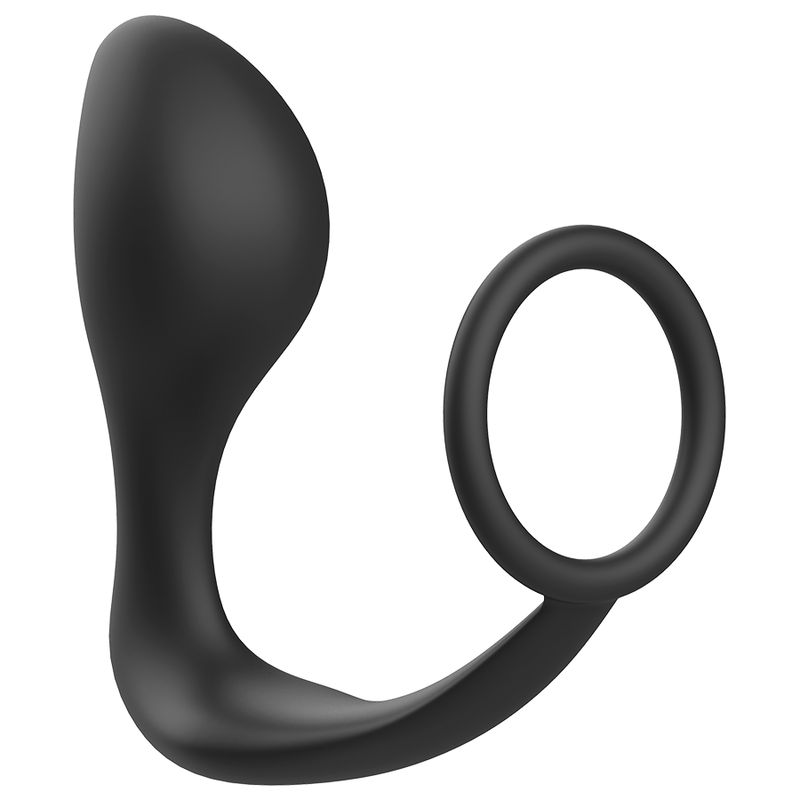 Plug anale nero con anello in silicone. Forma curva con anello. In silicone.