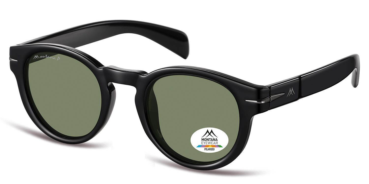Occhiali da sole neri, lenti rotonde, logo Montana Eyewear sull'asta e sulla lente. Lenti polarizzate.