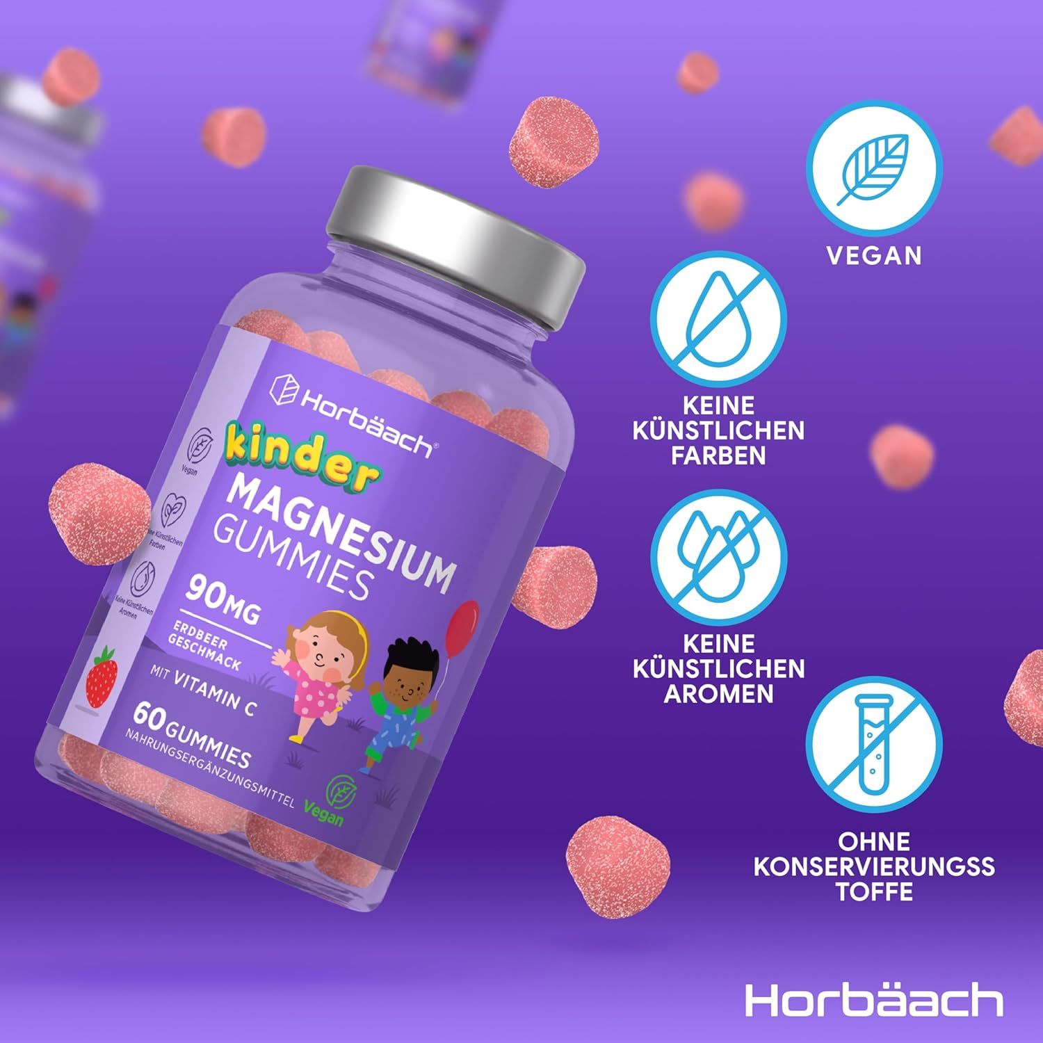 Horbaach Kinder Magnesium Gummies. Bottiglia viola con caramelle gommose. 60 caramelle, 90mg, gusto fragola. Vegano.
