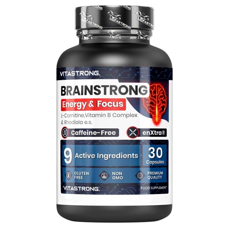 Flacone nero Brainstrong, 30 capsule. Testo: Energy & Focus, senza caffeina, 9 ingredienti attivi, senza glutine, senza OGM, qualità premium.