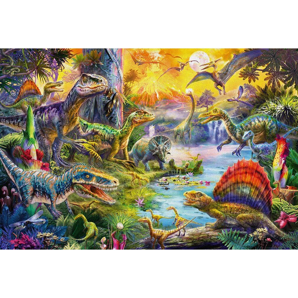 Puzzle di dinosauri da 60 pezzi. Rappresenta una scena con diversi dinosauri in un paesaggio preistorico.