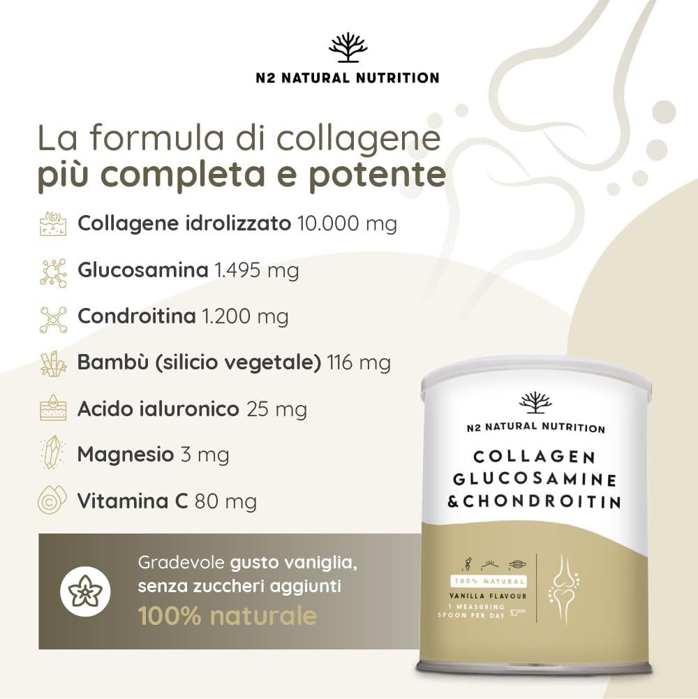 Testo: La formula di collagene più completa e potente. Ingredienti: collagene, glucosamina, condroitina, bambù, acido ialuronico, magnesio, vitamina C.