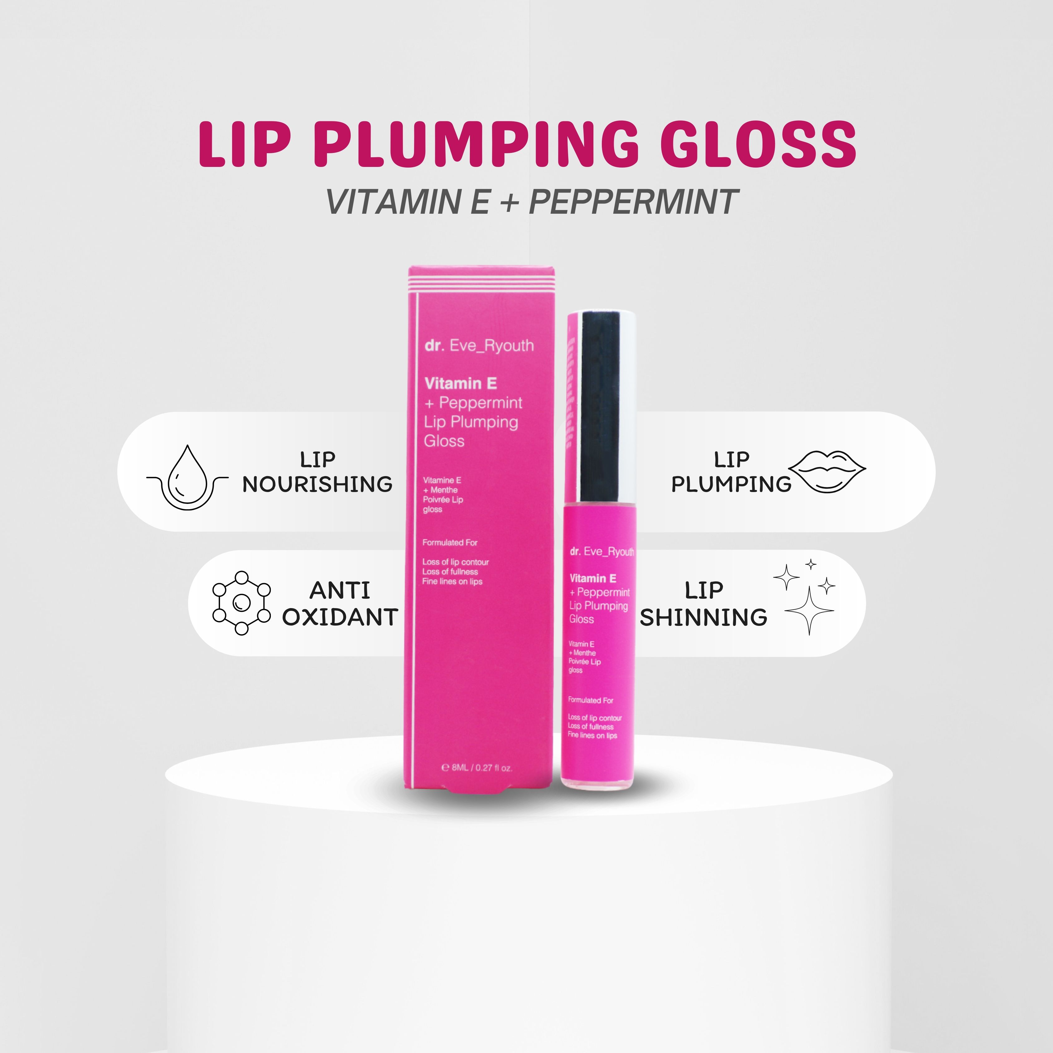 Confezione rosa e lucidalabbra volumizzante. Scritta: Vitamina E + Menta piperita. Prodotto su piedistallo bianco.