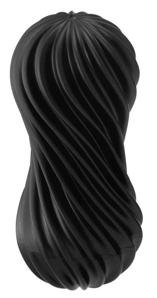 Prodotto nero attorcigliato con superficie a spirale. Forma cilindrica con texture scanalata.