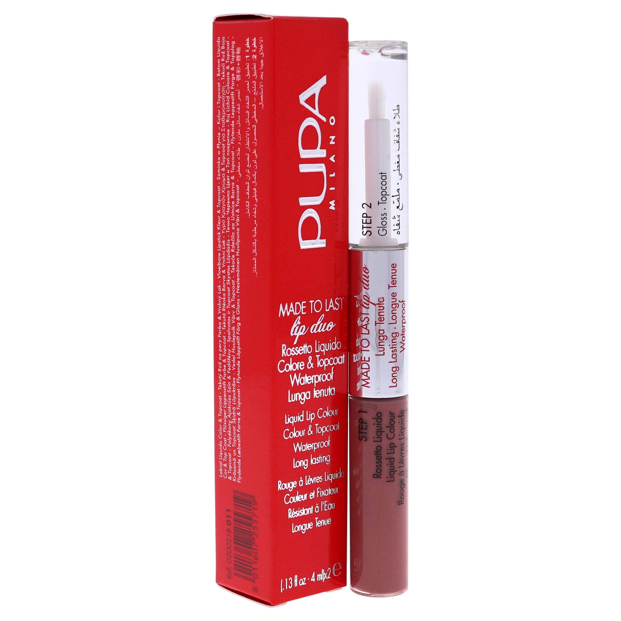 Pupa Made to Last Lip Duo. Rossetto liquido e top coat. Confezione rossa e prodotto affiancati. Scritta: Made to Last Lip Duo.