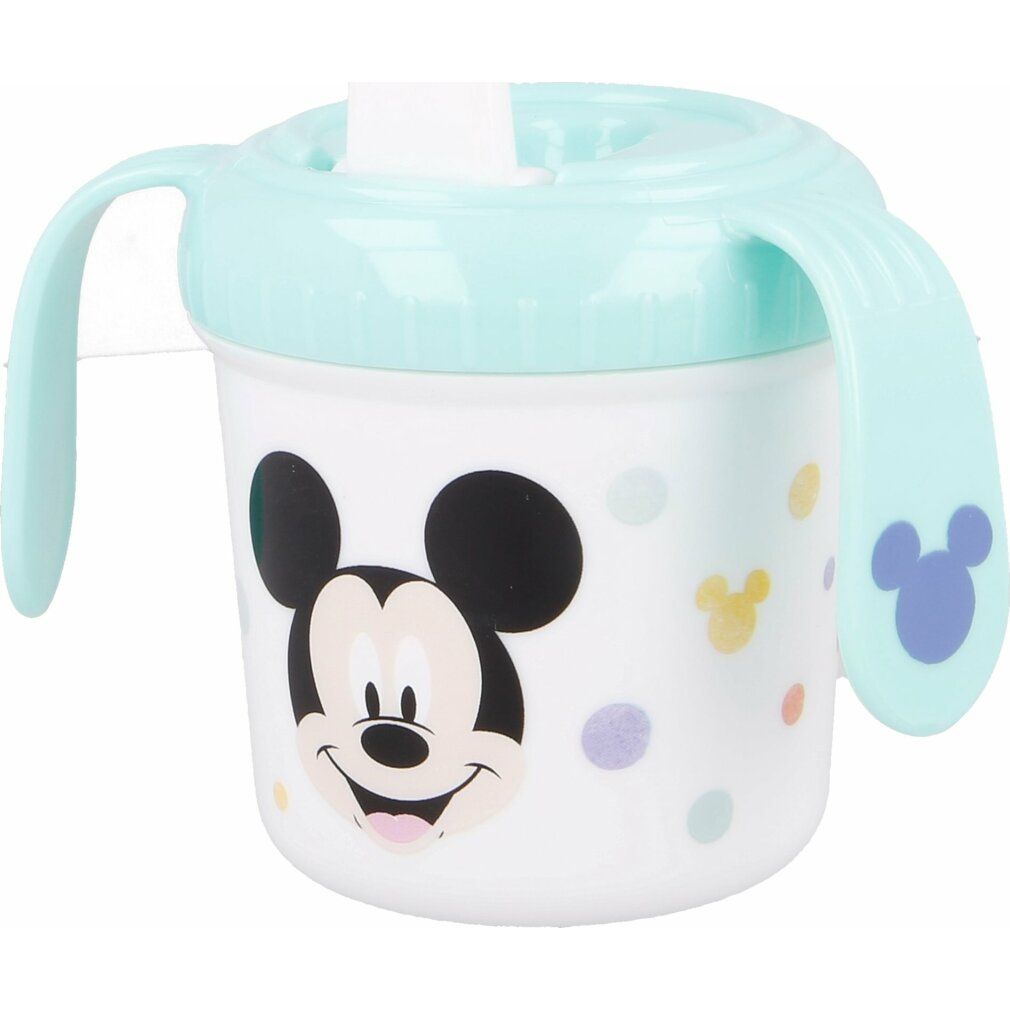 Tazza bianca con motivo Mickey Mouse e coperchio azzurro. Manici e orecchie. Punti colorati come elementi di design.